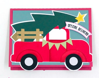Red Truck with Christmas Tree Card, SVG, Cricut, Silhouette, GSD, DXF, Template, Printable