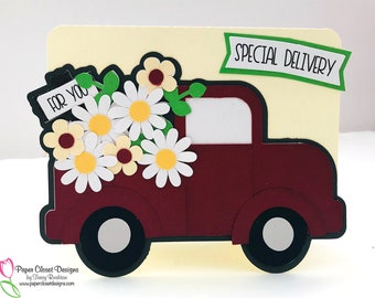 Red Truck with Flowers Shaped Card SVG |Cricut|Silhouette|dxf|gsd|PDF Template