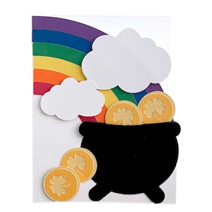 May include: A black pot with gold coins spilling out of it, sitting under a rainbow with white clouds.