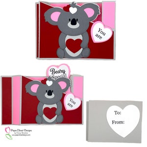 May include: A Valentine's Day card featuring a gray koala holding a red heart. The card is decorated with pink and red hearts and the text "Beary Special" and "You are".