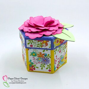 Hexagon Box mit 3D Blume, SVG, Cricut, Silhouette, DXF, GSD, Template