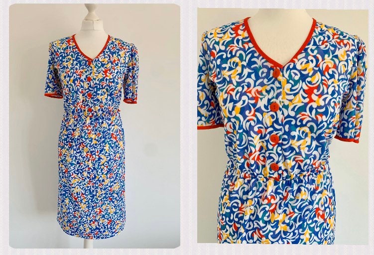 Image of True Vintage | / Handmade S S British Shift Red Yellow Elasticated Waist Summer Casual Town Easy Wear Beach Dress ~ Size Uk / S