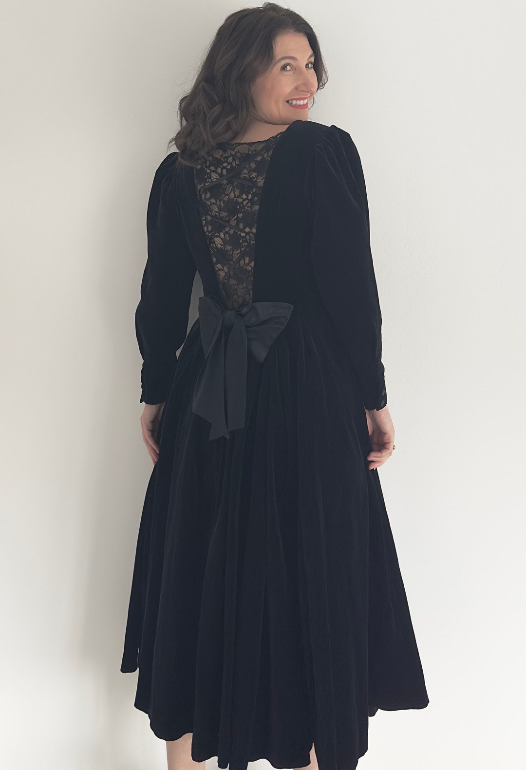 Vintage Laura Ashley Black Velvet Fit Flare Dress With Lace Bow Back ...