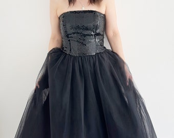 Vintage Tulle Sequin Dress | UK 12 | Vintage Layered Black Swan Party Dress | Vintage Christmas Evening Dress