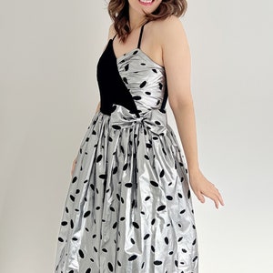 Vintage 80s Silver Metallic Dress | Black Velvet Polka Dot Party Gown with Hip Bow | Retro Prom, Christmas, Special Occasion| UK 10