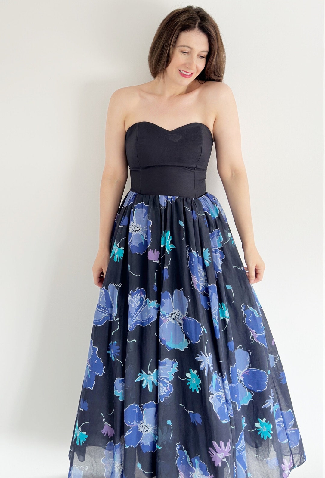 Vintage Laura Ashley Maxi Dress: Navy Blue Floral Cotton, UK