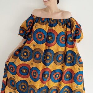 Vintage 70S Summer African Print Cotton Oversized Maxi Kaftan - Bright Gold, Rusty Orange, Brown, and Red Circular Print with African Fabric - Puffy Sleeved - Ideal for Summer, Holidays, Festivals