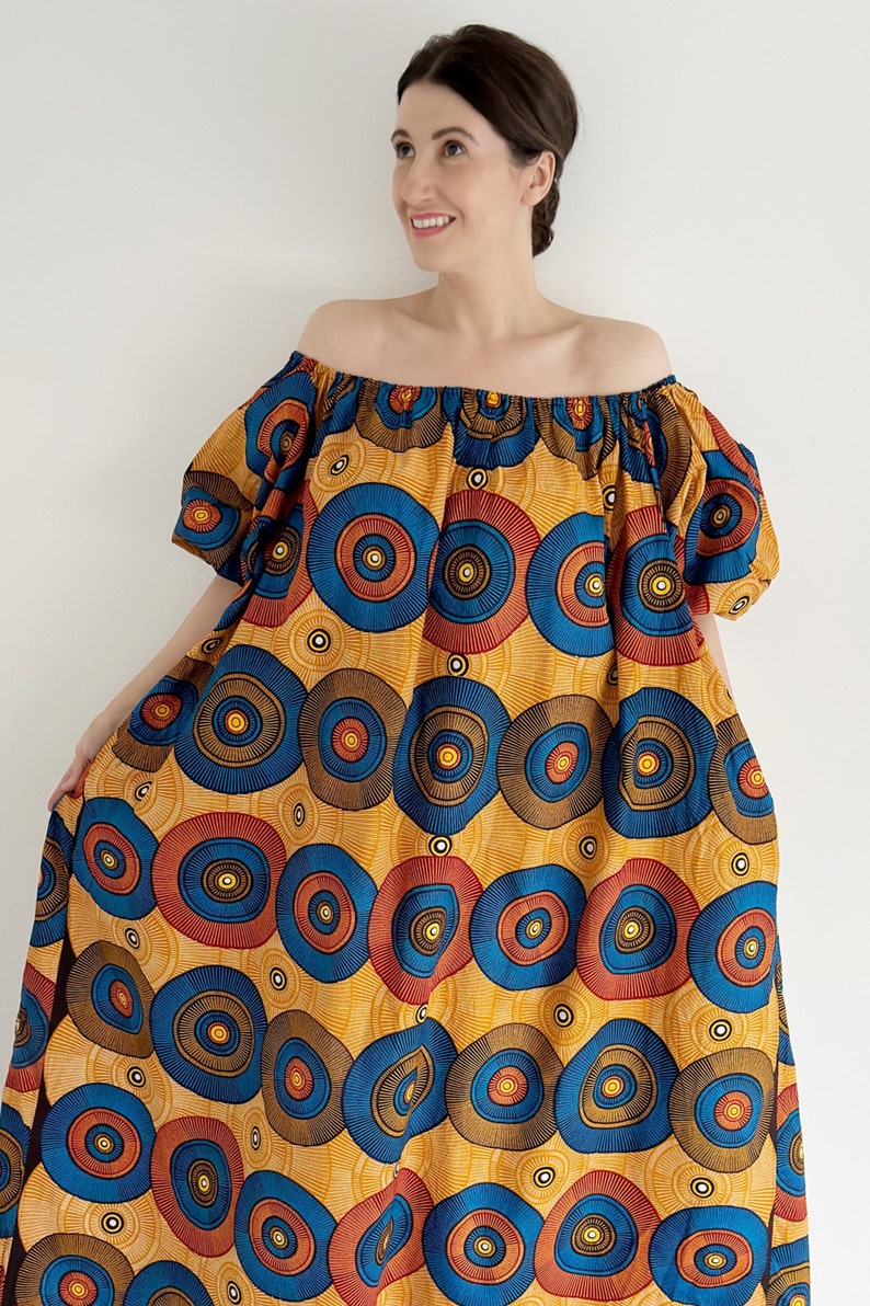 Vintage 70S Summer African Print Cotton Oversized Maxi Kaftan - Bright Gold, Rusty Orange, Brown, and Red Circular Print with African Fabric - Puffy Sleeved - Ideal for Summer, Holidays, Festivals