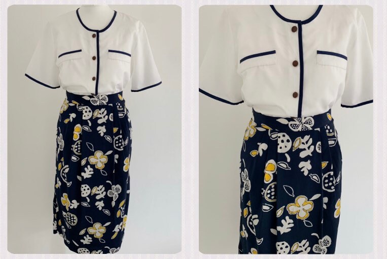 Image of True Vintage |  S S Navy Blue Midi Summer Pencil Skirt With Matching White Blouse Shirt Matching Two Piece - Size Uk  X Small