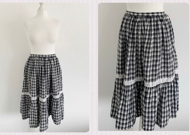 Image of True Vintage |  S S Black White Check Gingham Plaid Lace Midi Relaxed Cosy Easy Wear Sustainable A Line Skirt ~ Size Uk  L