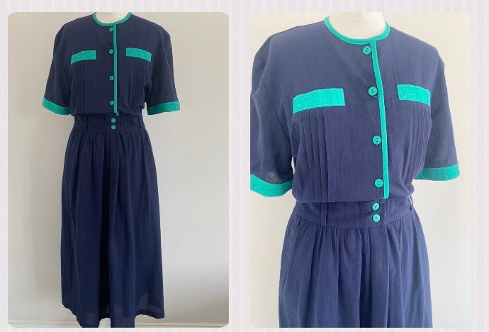 Image of True Vintage | / Marion Donaldson Liberty London Navy Vivid Statement Lined British Retro S Festival Midi Shirt Dress ~Size Uk / M