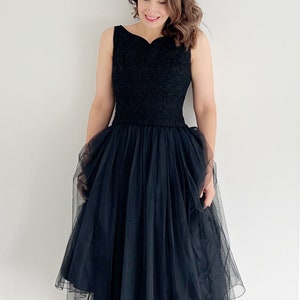 Vintage Handmade Black Layered Tulle Midi Dress | V Back, Wedding Guest, Evening, Christmas Party, Formal, Cocktail Dress | UK 10