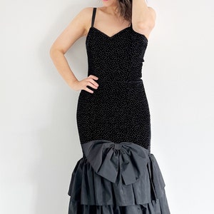 Vintage 80s Velvet Sparkly Prom Gown | Fitted Mermaid Maxi Ballgown with Tiered Bow Detail | Glamorous Evening Dress | UK 10 12