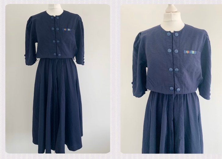 Image of True Vintage |  Vision For C&a S Original Navy Elasticated Waist Shield Pocket Button Everyday Casual Midi Rare Tea Dress ~ Size  M
