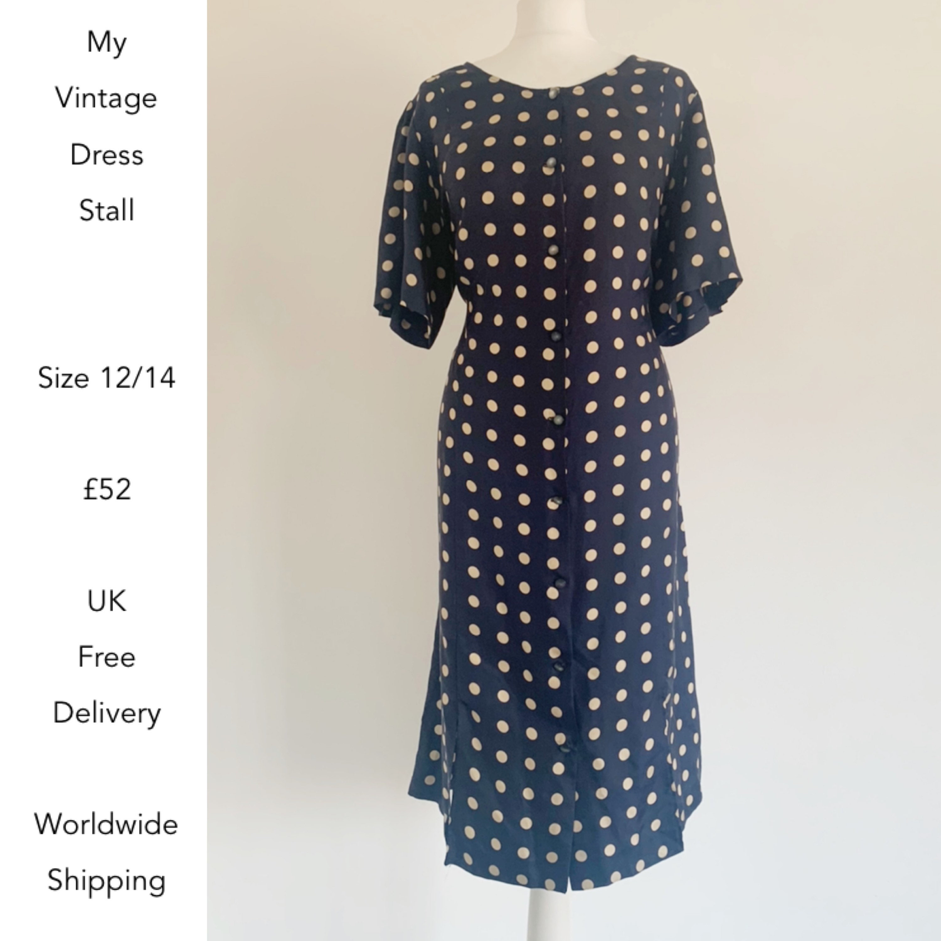 Navy Polka Dot Silk Summer 80s Vintage Dress Size UK 12 14 | Etsy