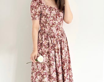 Robe vintage Laura Ashley | Royaume-Uni 12 | vintage Robe mi-longue en coton rose printemps-été avec poches | Robe vintage fleurie en coton