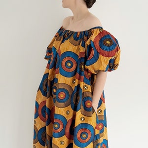 Vintage 70S Summer African Print Cotton Oversized Maxi Kaftan - Bright Gold, Rusty Orange, Brown, and Red Circular Print with African Fabric - Puffy Sleeved - Ideal for Summer, Holidays, Festivals