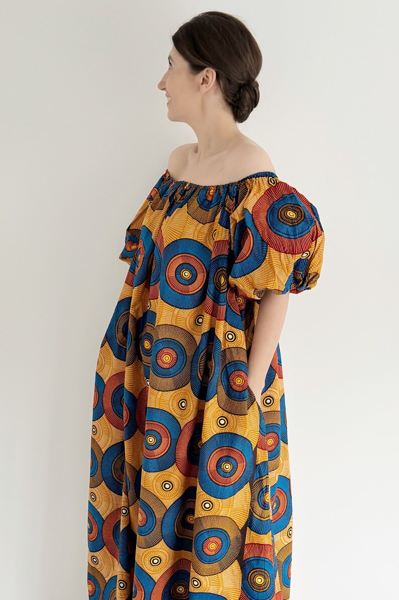 Vintage 70S Summer African Print Cotton Oversized Maxi Kaftan - Bright Gold, Rusty Orange, Brown, and Red Circular Print with African Fabric - Puffy Sleeved - Ideal for Summer, Holidays, Festivals