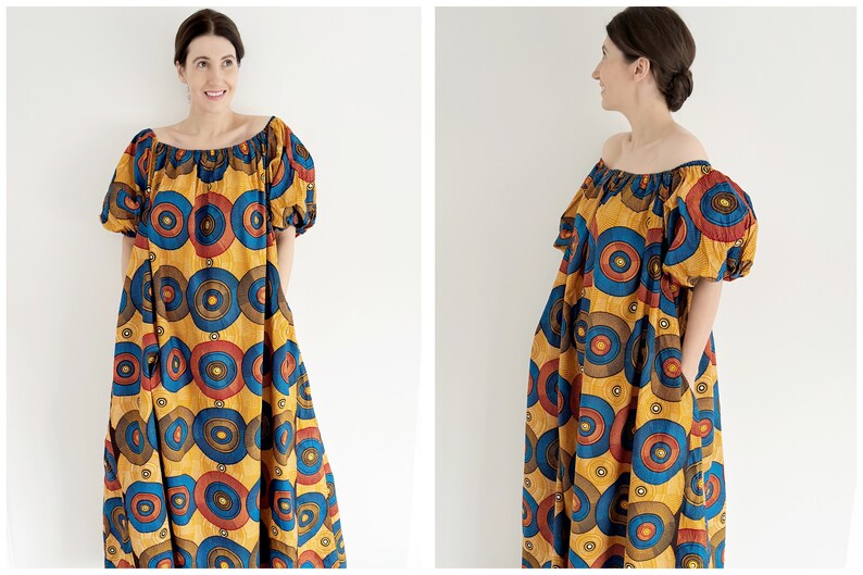 Vintage 70S Summer African Print Cotton Oversized Maxi Kaftan - Bright Gold, Rusty Orange, Brown, and Red Circular Print with African Fabric - Puffy Sleeved - Ideal for Summer, Holidays, Festivals