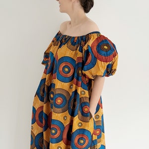 Vintage 70S Summer African Print Cotton Oversized Maxi Kaftan - Bright Gold, Rusty Orange, Brown, and Red Circular Print with African Fabric - Puffy Sleeved - Ideal for Summer, Holidays, Festivals