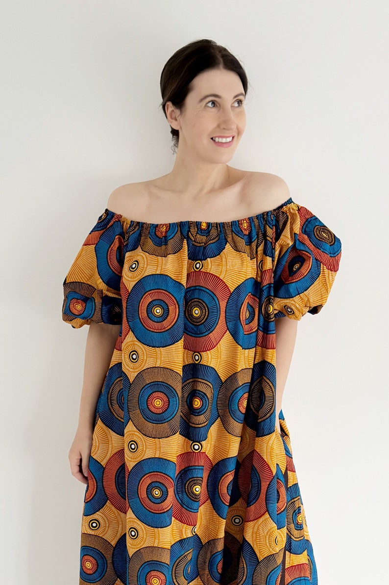 Vintage 70S Summer African Print Cotton Oversized Maxi Kaftan - Bright Gold, Rusty Orange, Brown, and Red Circular Print with African Fabric - Puffy Sleeved - Ideal for Summer, Holidays, Festivals