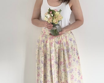 Vintage Laura Ashley Skirt | UK 12 | UK 14 | Vintage Spring Yellow Floral Cotton Skirt | Vintage Summer A Line Skirt