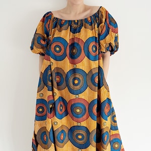 Vintage 70S Summer African Print Cotton Oversized Maxi Kaftan - Bright Gold, Rusty Orange, Brown, and Red Circular Print with African Fabric - Puffy Sleeved - Ideal for Summer, Holidays, Festivals