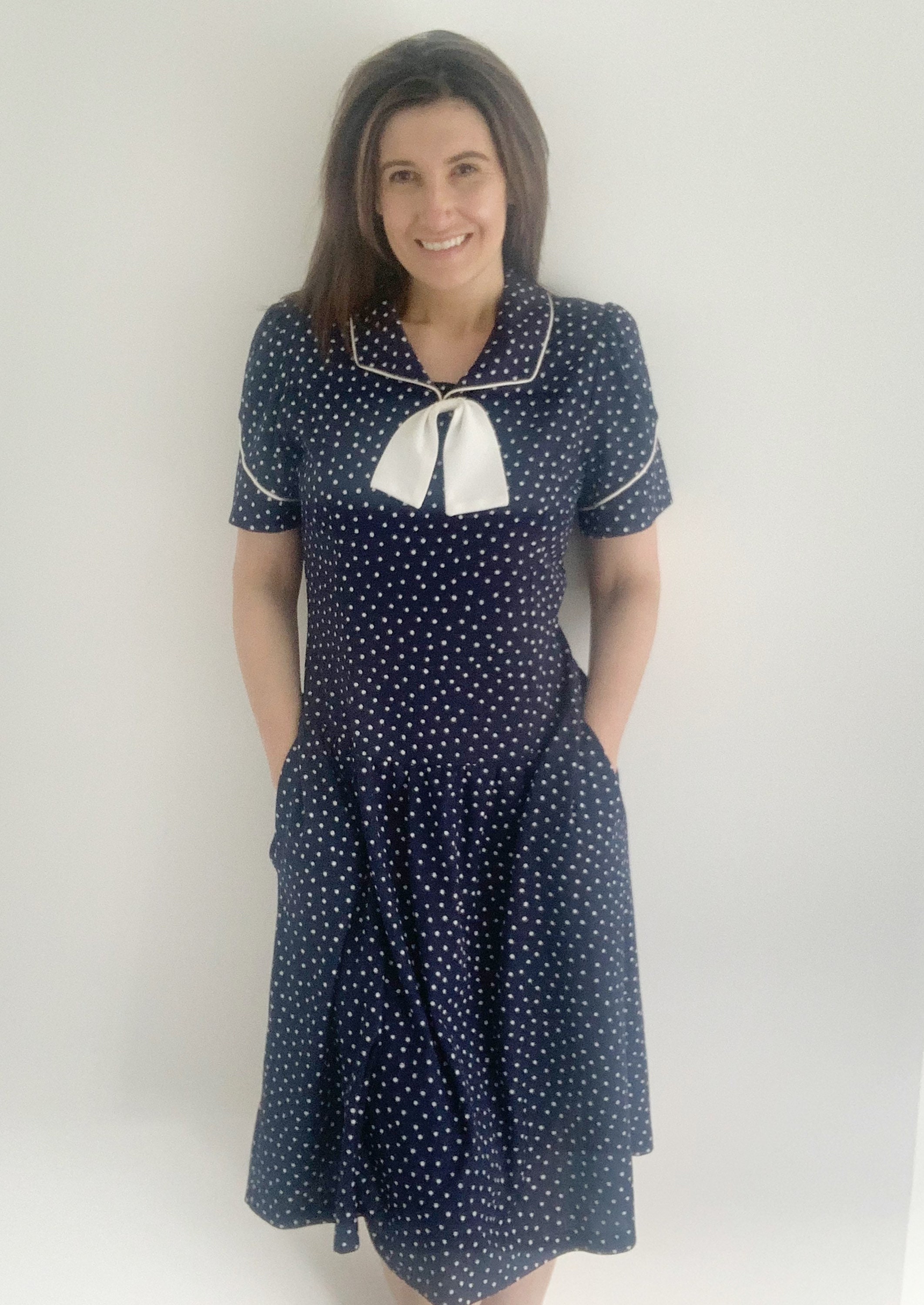 Summer Navy Polka Midi Dress With White 