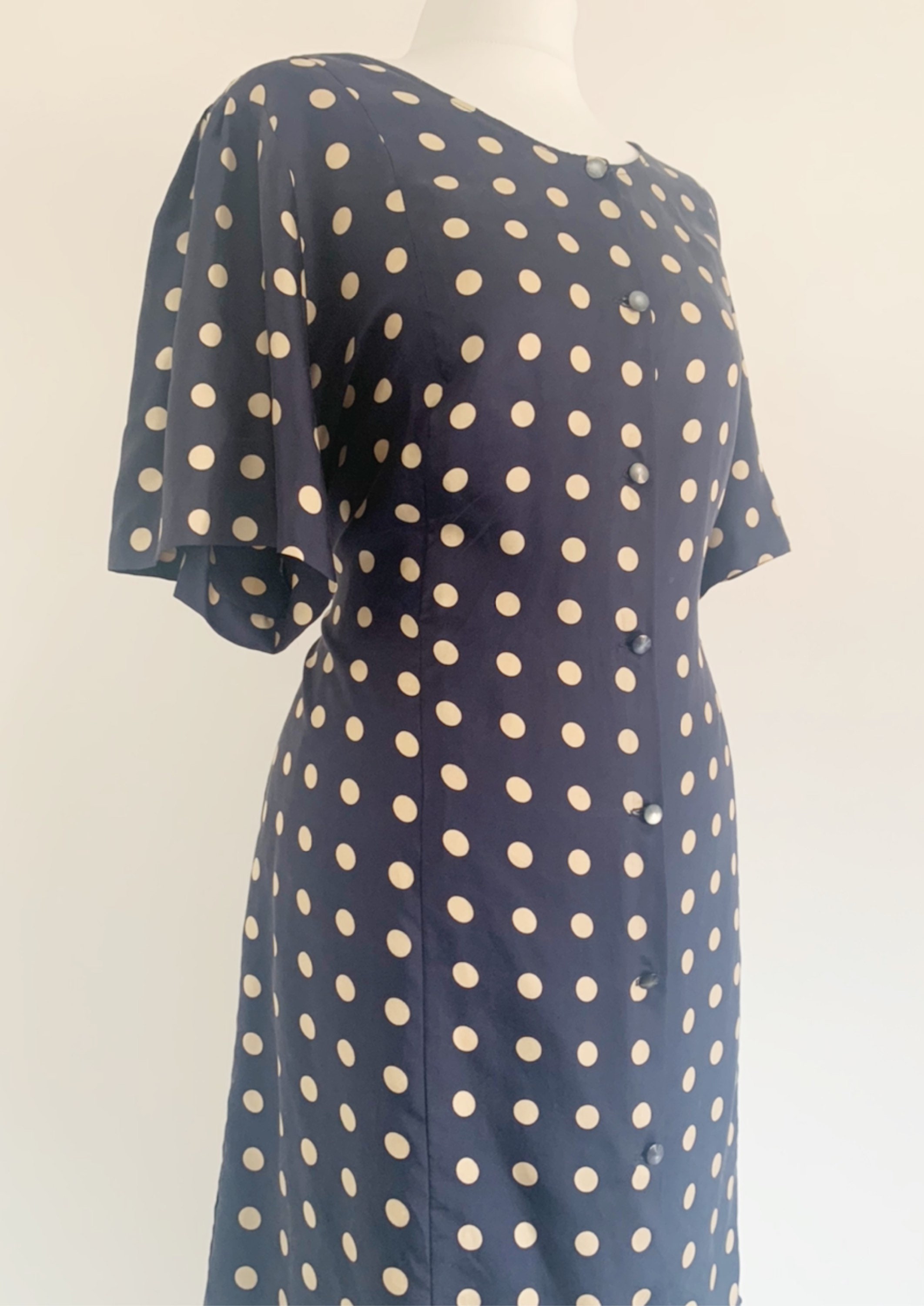 Navy Polka Dot Silk Summer 80s Vintage Dress Size UK 12 14 | Etsy