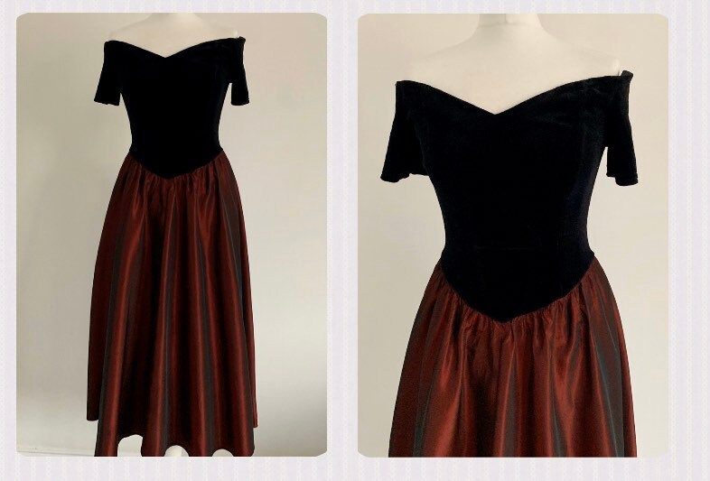 Image of True Vintage | / Sensations S Black Velvet Off The Shoulder Wine Red | Two ToneFull Circle Evening Occasion Prom Dress ~ Size   Sm