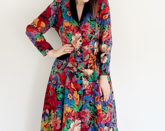 Vintage Liberty Dress | UK 14 | Pure Wool Bright Floral Dress with Pockets | Autumn Winter Vintage Dress