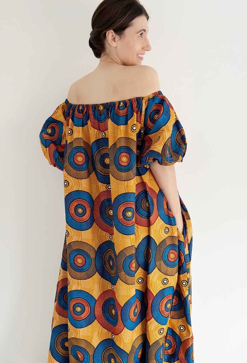 Vintage 70S Summer African Print Cotton Oversized Maxi Kaftan - Bright Gold, Rusty Orange, Brown, and Red Circular Print with African Fabric - Puffy Sleeved - Ideal for Summer, Holidays, Festivals