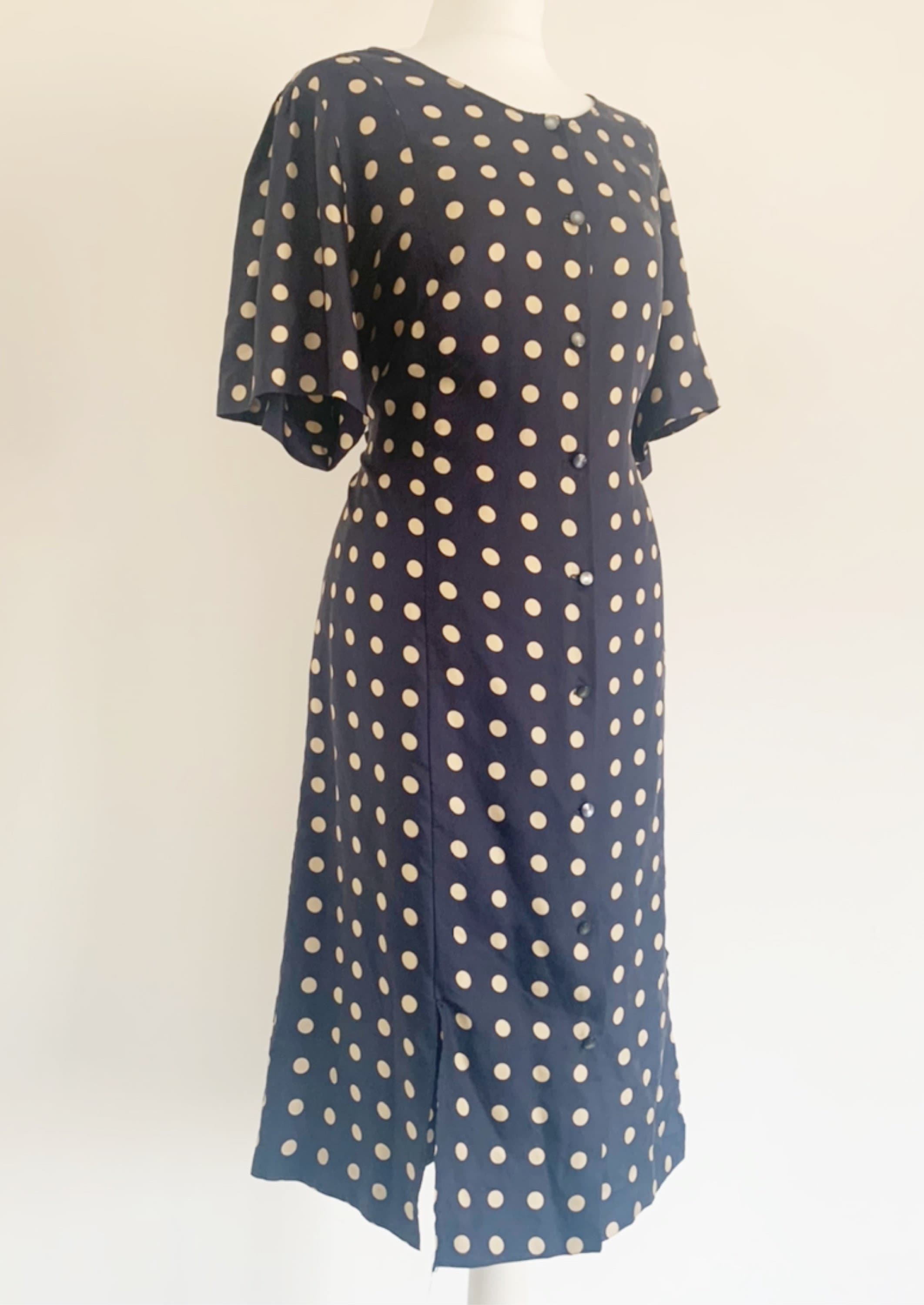 Navy Polka Dot Silk Summer 80s Vintage Dress Size UK 12 14 | Etsy