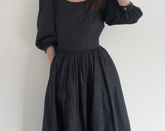 Vintage Laura Ashley Dress | UK 12 | 80s Black Cotton Occasion Dress | Audrey Hepburn Dress | Balloon Sleeve Dress