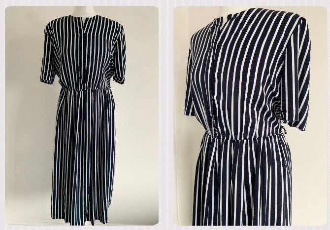 Navy Pinstripe Casual 80s Vintage Summer Midi Dress Size UK | Etsy