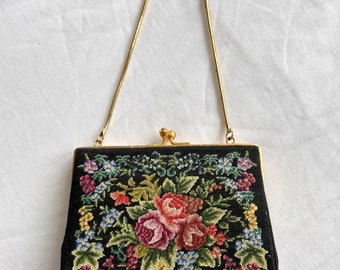 Vintage Tapestry Handbag | Small Black Flower Embroidered Bag | Edwardian Style Evening Bag