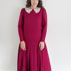 Vintage Laura Ashley Midi Dress: Wool & Cotton Blend, Lace Collar, UK 10