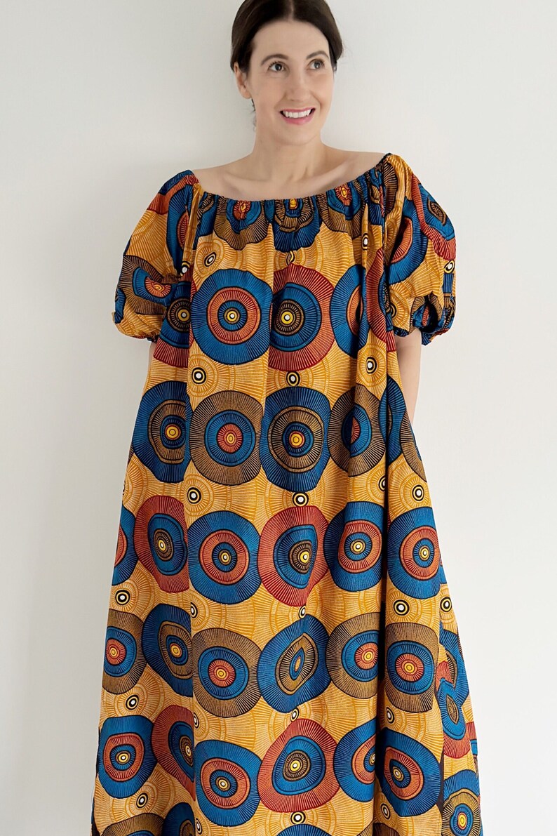 Vintage 70S Summer African Print Cotton Oversized Maxi Kaftan - Bright Gold, Rusty Orange, Brown, and Red Circular Print with African Fabric - Puffy Sleeved - Ideal for Summer, Holidays, Festivals