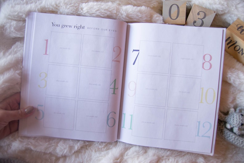 May include: A white baby memory book with a grid of 12 squares, each with a number from 1 to 12. The text "You grew right before our eyes" is printed at the top of the page.