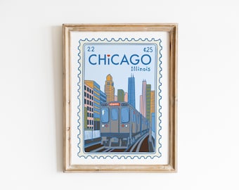 May include: A framed art print featuring a stylized illustration of Chicago, Illinois, designed to resemble a postage stamp. The artwork depicts a train on tracks in front of the city skyline, with the text "Chicago Illinois" at the top.