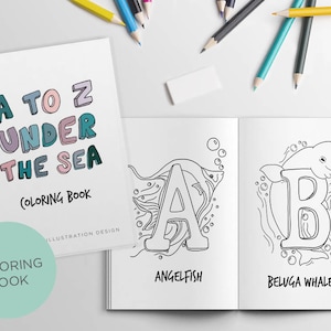 Livro para colorir ilustrado com alfabeto de A a Z no fundo do mar