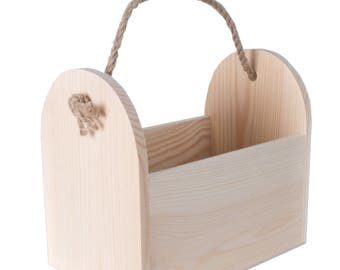 Wooden Trug Garden Caddy Picnic Carrier Holder With Rope | Small Tool Box | Kids Decorative Basket | Plain Unpainted Unfinished Craft DIY