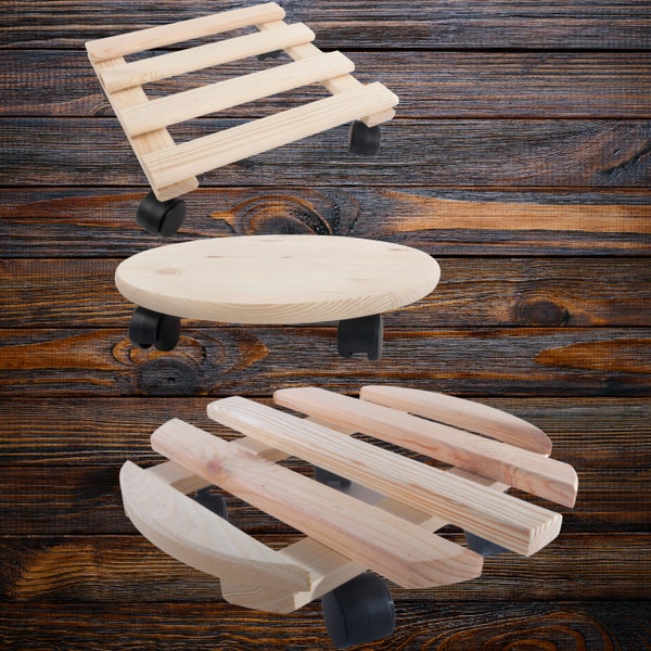 Soporte de carrito para macetas de madera, Redondo o cuadrado, Soporte para carrito de macetas con ruedas, Pino liso sin terminar para decorar