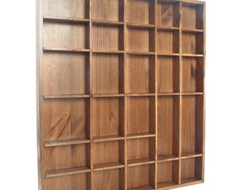 Wooden Display Shelf Cedar Stain 28 Compartment Wall Shadow Box Rack for Miniatures Crystals Keepsakes Ornaments Collectibles Rustic Decor