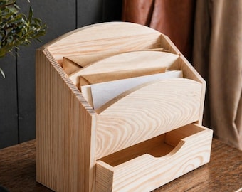 Unpainted Wooden Letter Rack with Drawer Versatile Mail Holder Desk Tidy Organiser Cosmetics Holder Wood Box | Perfect for Arts & Crafts