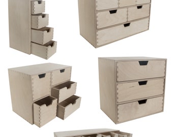 Wooden Drawer Boxes | Desktop Office Stationery Organisers  | Tabletop Workspace Chest Of Drawers | Make-up Box | Plain Decorative Wood