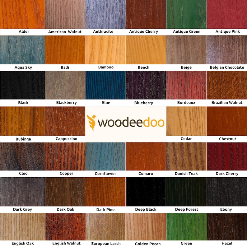 Woodeedoo Water Based Wood Stain 40 Colours Wood Dye Ready to Use Eco-Friendly Solvent & Odour Free Fast Drying | Easy to Apply 10–12sqm/L image 1