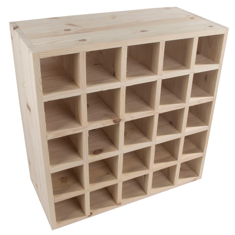 May include: A wooden wine rack with 24 compartments for storing wine bottles. The rack is made of unfinished pine wood and has a natural wood color.