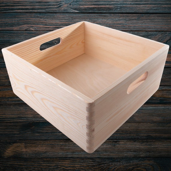 Quadratische Holzstapelkiste Box | 30 x 30 x 14cm | Cut-out Griffe Open Top Container Präsentation Organizer | Dekorative DIY Kiefer