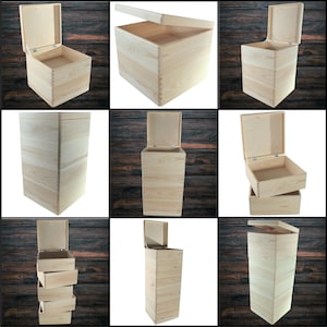 May include: A selection of wooden boxes and containers in various shapes and sizes. The boxes are constructed from light-coloured wood and have hinged lids. Some are square, others are tall and rectangular. The lids are open in some images, showing the empty interiors.